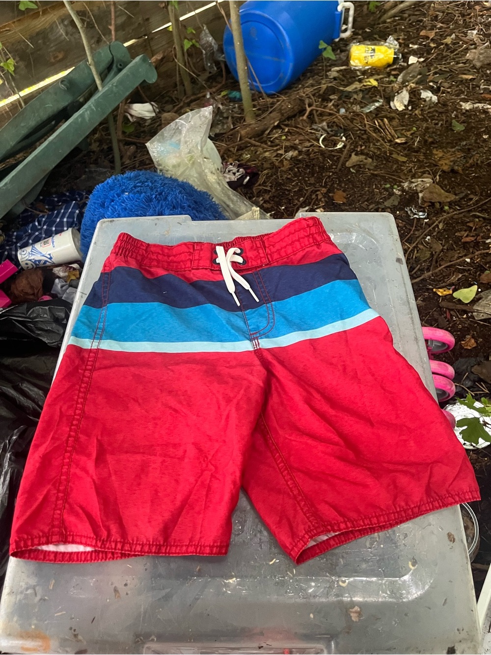 Old Navy Red Colorblock Kids Swim Shorts with Blue Stripes